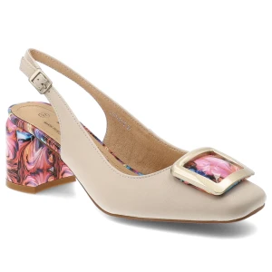 Czółenka damskie S.Barski, slingback ze skóry naturalnej z efektownym, kolorowym obcasem i ozdobną klamrą z regulowanym paskiem, beżowe, LZ61-2018