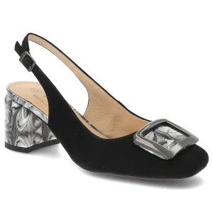 Czółenka damskie S.Barski, ze skóry naturalnej zamszowej odkryta pięta pasek z regulacją ozdobna klamra stabilny obcas elegancki styl, czarne, LZ61-2