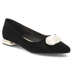 Czółenka damskie S.Barski, ze skóry naturalnej zamszowej ozdobna klamra niski obcas elegancki styl, czarne, MR61-9027