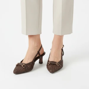 Czółenka damskie Tamaris, szpiczasty nosek odkryta pięta regulowany pasek stabilny obcas pleciona faktura ozdobny detal elegancki charakter, brązowe,