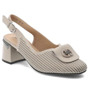 Czółenka damskie Vinceza, cholewka ze skóry naturalnej licowej z perforacją z broszką na eleganckim obcasie, beżowe, 99206