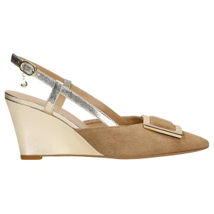 Beżowo złote czółenka na koturnie 35145-74 Wojas