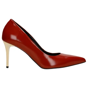 Czerwone skórzane szpilki na złotym obcasie 35178-55 Wojas