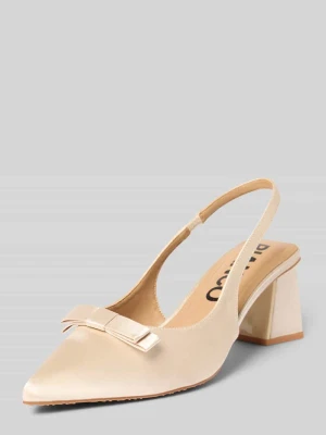 Czółenka z paskiem z tyłu z kokardą i obcasem słupkiem Bianco