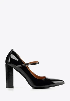 Czółenka ze skóry lakierowanej na wysokim słupku czarne Wittchen