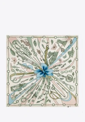 Damska apaszka z jedwabiu z dekoracyjnym motywem beżowo - niebieska Wittchen