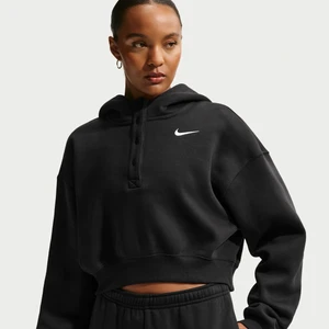 Damska bluza z kapturem typu henley o skróconym kroju oversize Nike Phoenix Fleece - Czerń