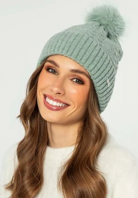 Damska czapka o delikatnym splocie z pomponem zielona Wittchen