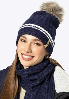 Damska czapka z wzorem w paski i pomponem granatowo-biała Wittchen