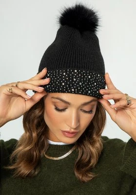 Damska czapka zimowa z ozdobionym ściągaczem czarna Wittchen