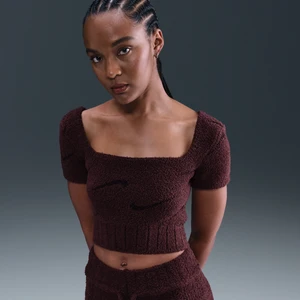 Damska dzianinowa koszulka z krótkim rękawem o skróconym kroju Nike Phoenix Cozy Bouclé - Czerwony