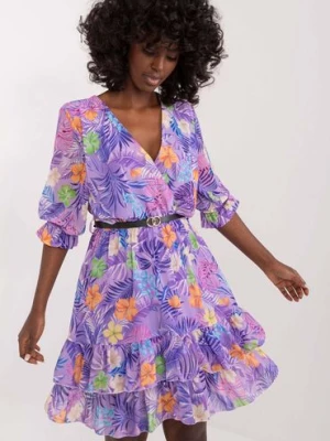 Damska fioletowa zwiewna sukienka z falbaną i paskiem Italy Moda