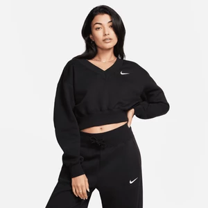 Damska koszulka o skróconym kroju z dekoltem w kształcie litery V Nike Sportswear Phoenix Fleece - Czerń