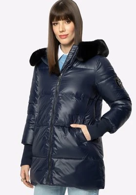 Damska kurtka pikowana z nylonu z kapturem granatowa Wittchen