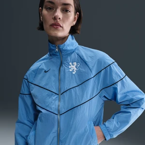 Damska kurtka piłkarska z tkaniny z ochroną przed promieniowaniem UV Nike Holandia Windrunner - Niebieski