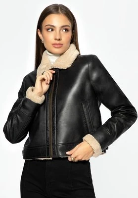 Damska kurtka pilotka skórzana podszyta sztucznym futerkiem krótka ciemny brąz Wittchen