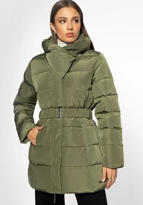 Damska kurtka puchowa z paskiem i wysokim kołnierzem zielona Wittchen