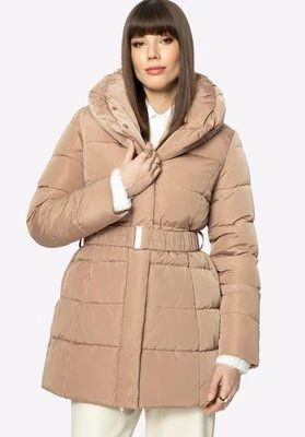 Damska kurtka puchowa z paskiem i wysokim kołnierzem złota Wittchen