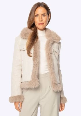 Damska kurtka z domieszką lnu i sztucznym futerkiem beżowa Wittchen