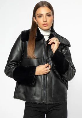 Damska kurtka z ekoskóry podszyta sztucznym futerkiem czarna Wittchen