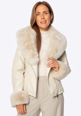 Damska kurtka z ekoskóry z futerkowym kołnierzem i mankietami kremowa Wittchen