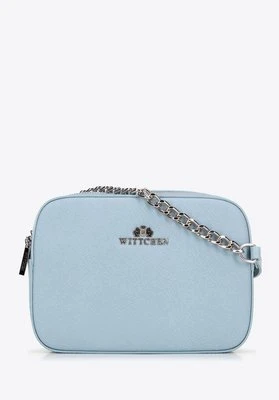 Damska listonoszka ze skóry saffiano pudełkowa na łańcuszku niebieska Wittchen