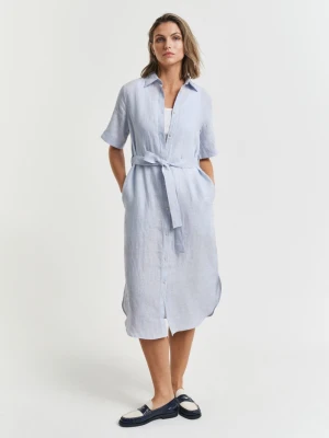 Damska niebieska lniana sukienka koszulowa z krótkim rękawem GANT