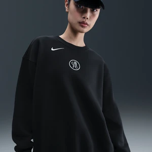 Damska piłkarska bluza dresowa z półokrągłym dekoltem o kroju oversize Nike Total 90 Chelsea F.C. Phoenix Fleece (wersja trzecia) - Czerń