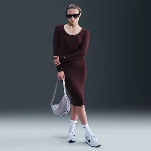 Damska przylegająca sukienka midi w drobny prążek z długim rękawem Nike Chill Knit - Czerwony