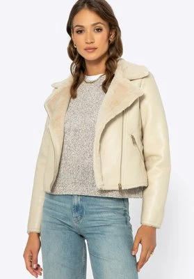 Damska ramoneska z ekoskóry futerkowa kremowa Wittchen