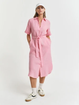 Damska różowa lniana sukienka koszulowa z krótkim rękawem GANT