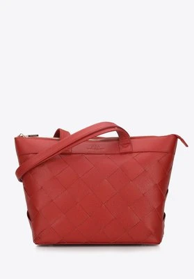 Damska shopperka skórzana trapezowa z plecionką czerwona Wittchen