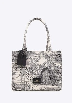 Damska shopperka żakardowa z chwostem czarno - kremowy Wittchen