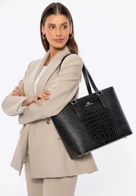 Damska shopperka ze skóry croco czarna ze srebrnym logo Wittchen