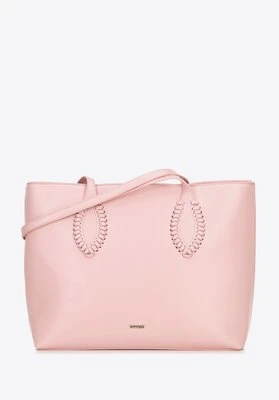 Damska shopperka ze skóry ekologicznej z plecionymi akcentami różowa Wittchen
