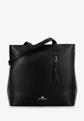 Damska shopperka ze skóry pionowa czarna ze srebrnym logo Wittchen