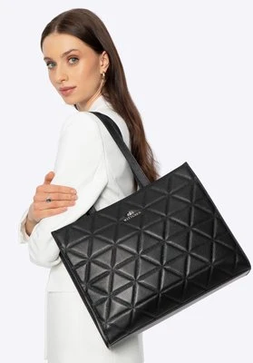 Damska shopperka ze skóry w geometryczne przeszycia czarno - srebrna Wittchen