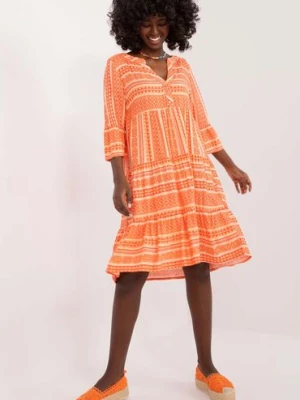 Damska sukienka pomarańczowa z falbaną i printem Sublevel