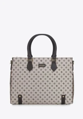 Damska torba na laptopa 12” z żakardu z opaskami ze skóry beżowa Wittchen