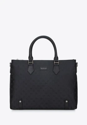 Damska torba na laptopa 12” z żakardu z opaskami ze skóry czarna Wittchen