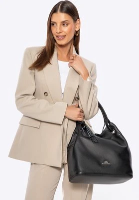 Damska torebka typu worek ze skóry duża czarno - srebrna Wittchen