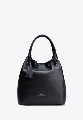 Damska torebka typu worek ze skóry duża czarno - srebrna Wittchen