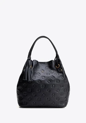 Damska torebka typu worek ze skóry sygnowana w monogram czarno - złota Wittchen