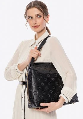 Damska torebka typu worek ze skóry w monogram czarno - złota Wittchen