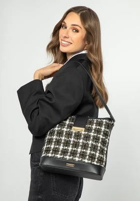 Damska torebka worek z tkaniny bouclé czarno - biała Wittchen