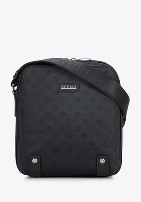 Damska torebka żakardowa z opaskami ze skóry pionowa czarna Wittchen