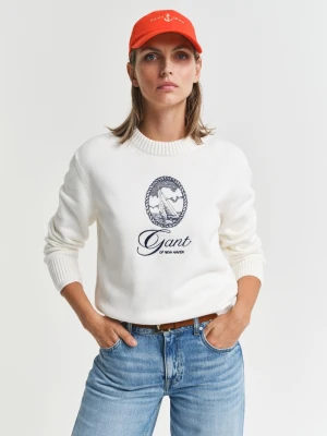 Damski beżowy bawełniany sweter z okrągłym dekoltem z grafiką GANT