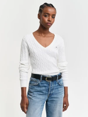 Damski biały sweter z elastycznej bawełny o splocie warkoczowym z dekoltem w szpic GANT