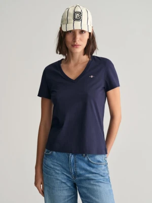 Damski granatowy bawełniany t-shirt z dekoltem w szpic GANT