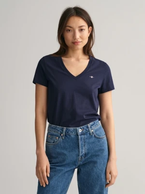 Damski granatowy bawełniany t-shirt z dekoltem w szpic GANT